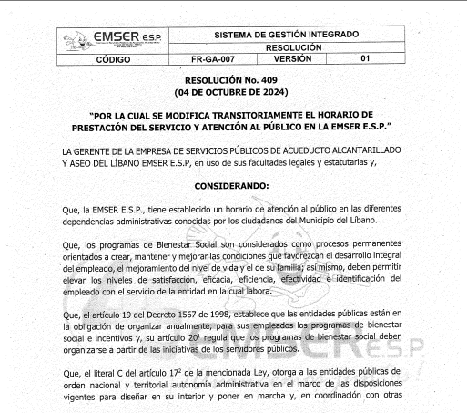 Resolucion no 409 modificacion transitoria del horario