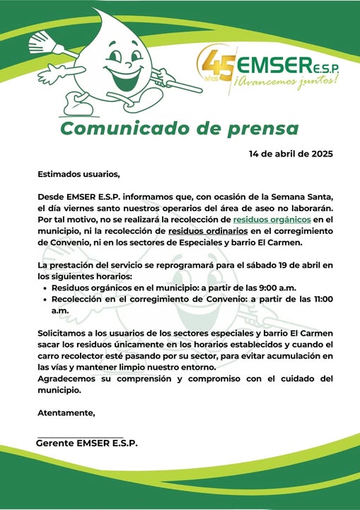 Aviso importante: Ajustes en la recolección de residuos durante Semana Santa