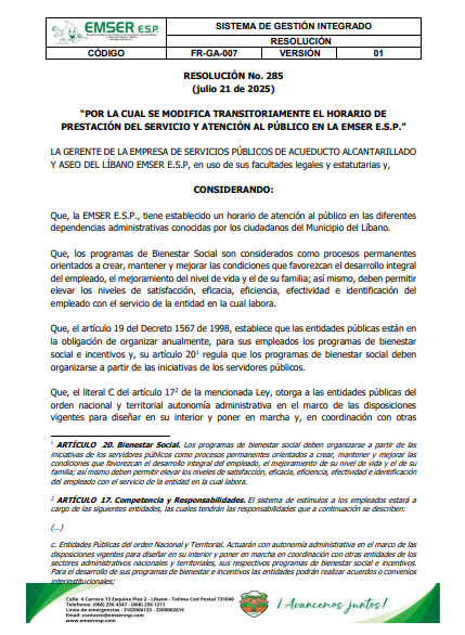 Resolucion no. 285 modificación horario agosto bienestar