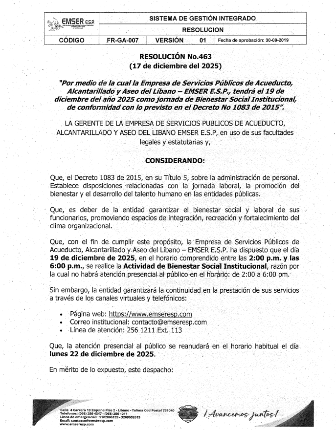 Resolucion no. 285 modificación horario bienestar social diciembre