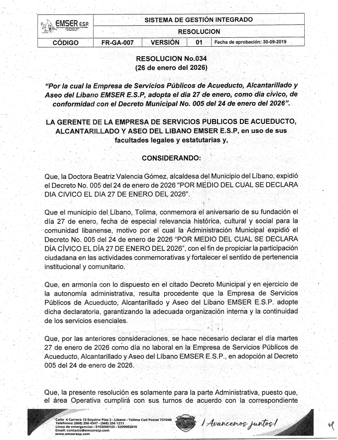 Resolucion no 034 esmeresp adopta el 27 de enero como dia civico