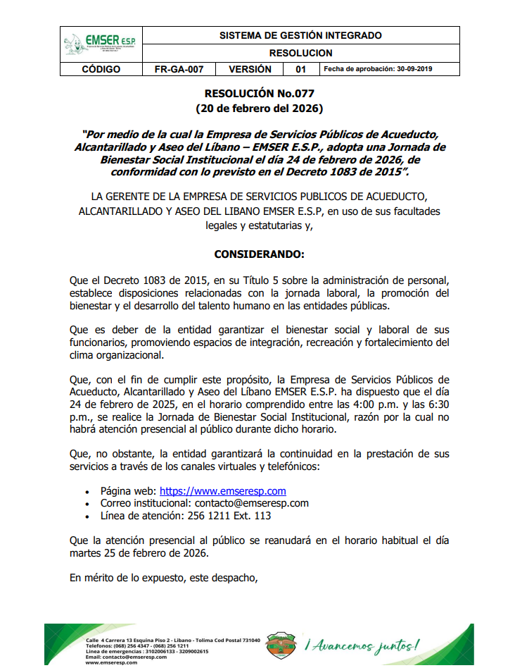 Resolucion no 077 EMSER ESP adopta jornada de bienestar el 24 de febrero de 2026