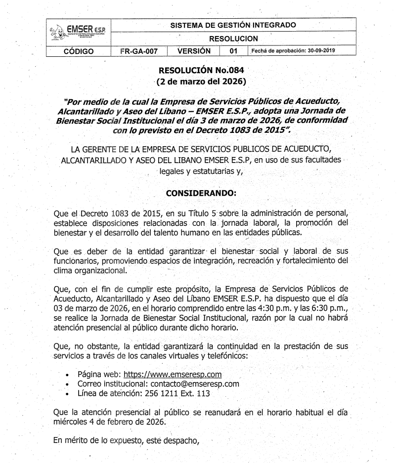 Resolucion no 084 EMSER ESP adopta jornada de bienestar el 02 de marzo de 2026
