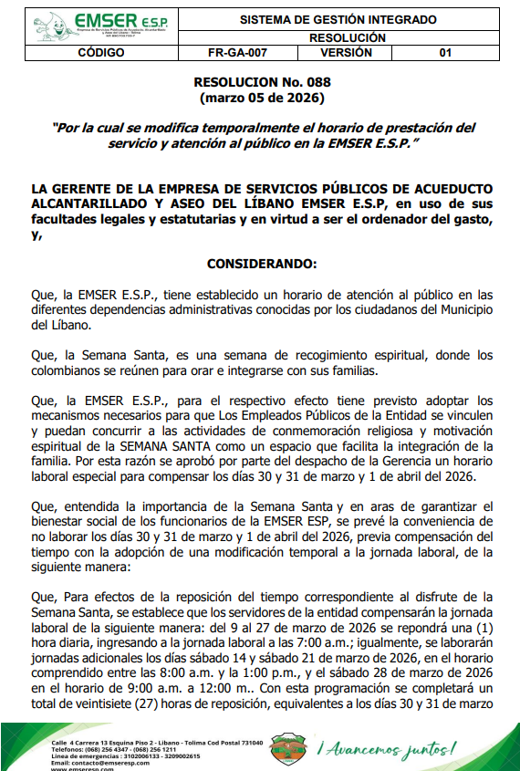 Resolucion no 088 EMSER ESP modifica temporalmente el horario de atencion