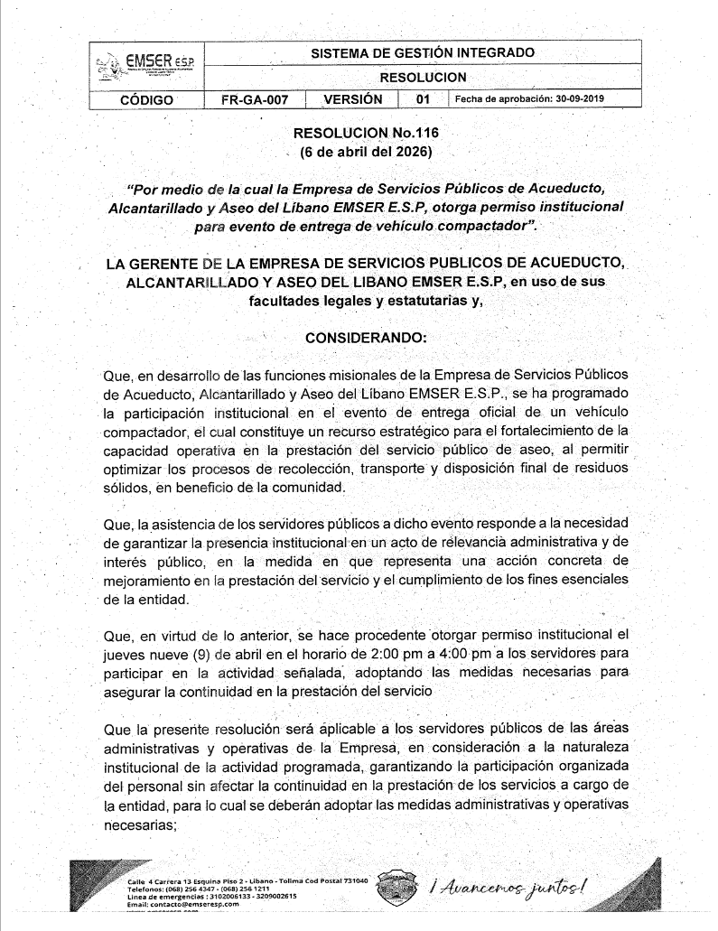 Resolucion no 116 EMSER ESP otorga permiso institucional para evento entrega de vehiculo compactador