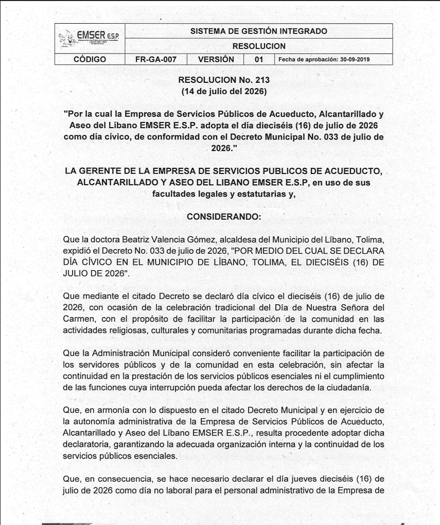 Resolución no. 213 del 14 de julio de 2026 por la cual se adopta día cívico el 16 de julio de 2026