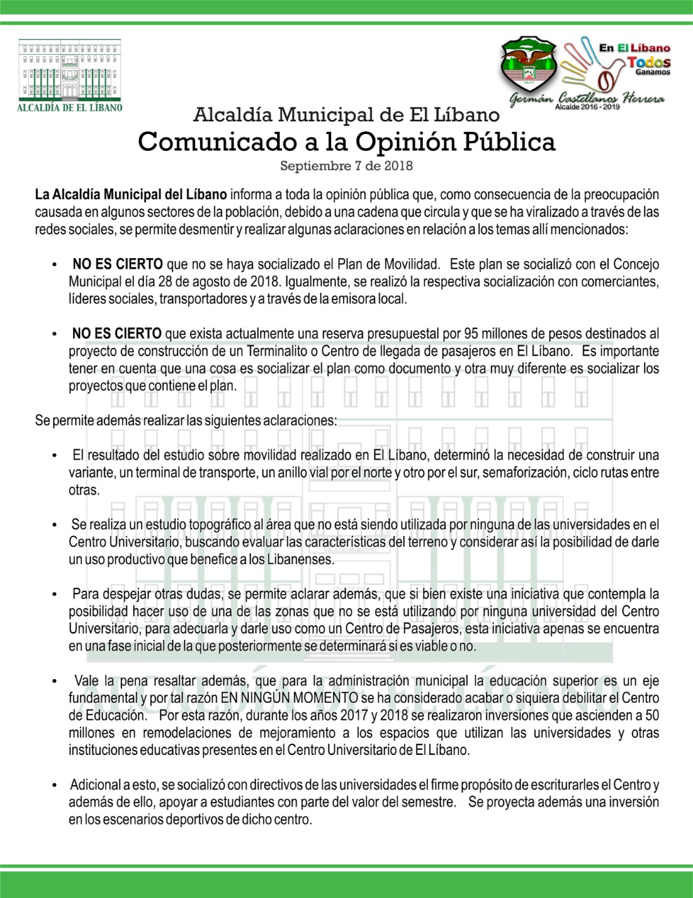 Comunicado por parte de la alcaldía municipal.