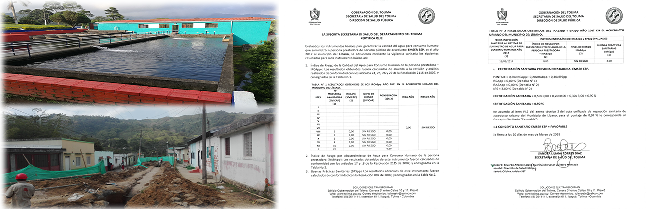 Agua suministrada por EMSER E.S.P. se encuentra catalogada como de las mejores del departamento del Tolima